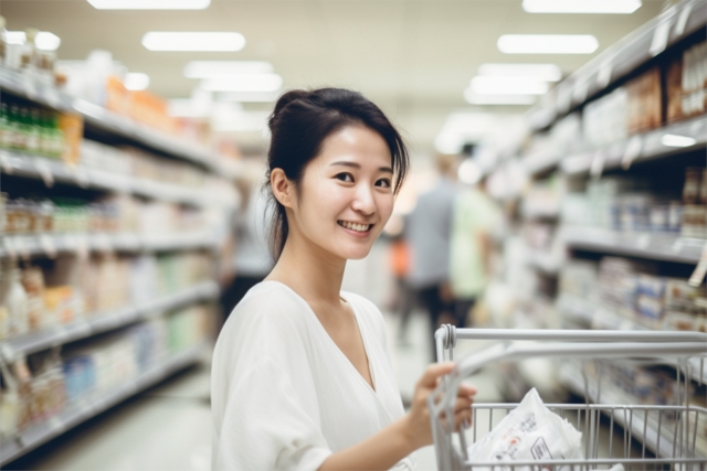 水道橋にあるスーパーで買い物している女性の画像